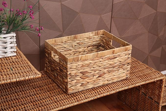 Rectangular Woven Water Hyacinth Storage Baskets with inside Handle for Shelves Bathroom Kitchen Office Desk (Style A)