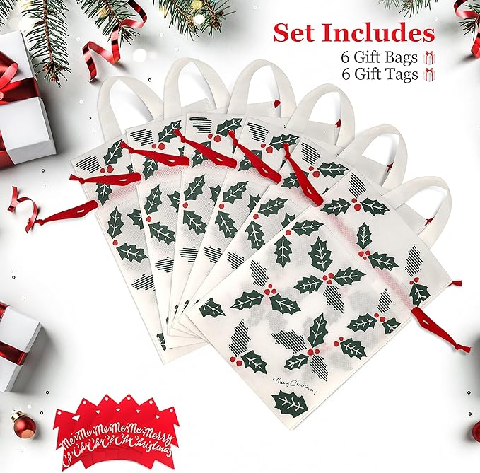 Fabric Gift Bags for Christmas Presents – Set of 6 Large Reusable Drawstring Bags with Festive Holly Design – Christmas Bags for Gifts – Perfect for Gift Wrap and Holiday Giving (Holly)