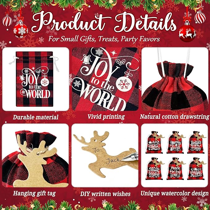 BORAMDO Christmas Burlap Gift Bags with Drawstrings 24Pcs, Buffalo Plaid Watercolor 12 Designs Christmas Letter Linen Wrapping Bags, Small Christmas Treat Candy Bags for Holiday Party Favor Supplies (Xmas Letter)