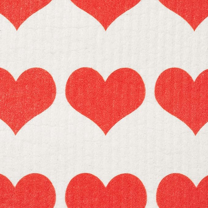 Swedish Dishcloths 2 Pack Row of Red Hearts Print Reusable Sponges Kitchen Cleaning Cloth Dish Scrubber, Machine Washable, Measures 7.87”x6.88 inches.