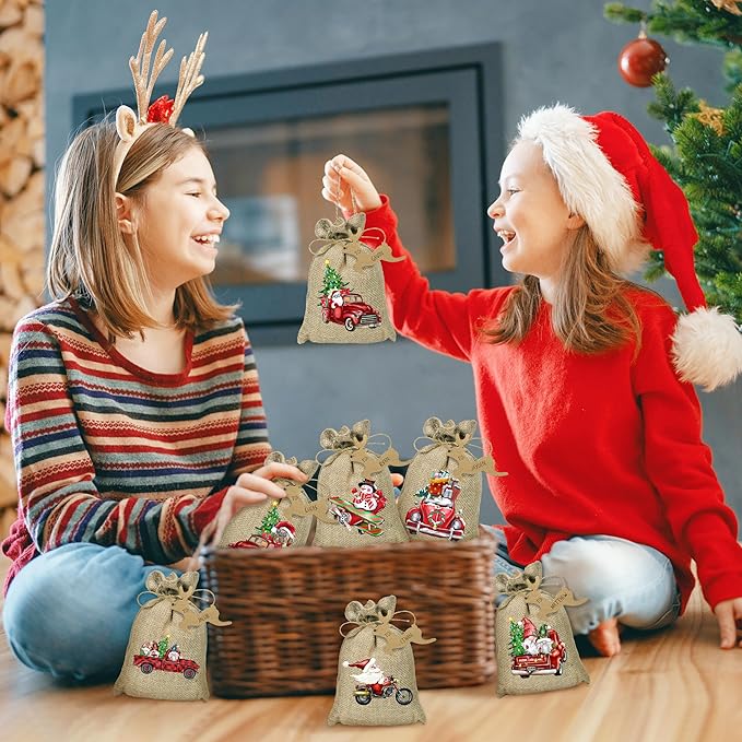 BORAMDO Christmas Burlap Gift Wrapping Bags with Drawstrings 24Pcs, Christmas Red Truck Linen Treat Candy Bags for Holiday Party Favor Supplies