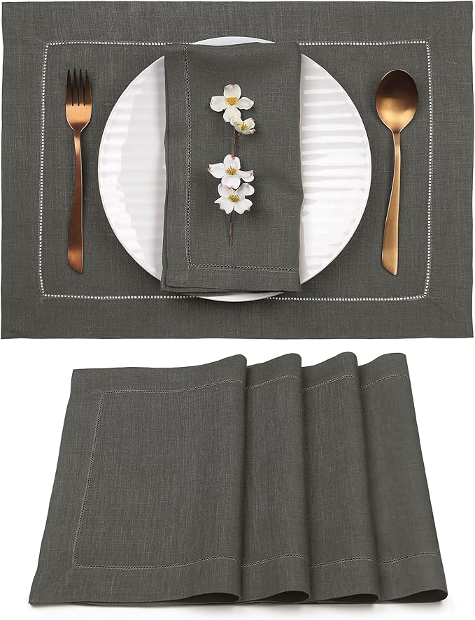 D'Moksha Homes Linen Placemats Set of 4 - Classic Hemstitch Charcoal Grey Placemats 14 x 19 Inch - 100% Pure Linen Table Mats for Christmas, Holiday - Handcrafted and Machine Washable