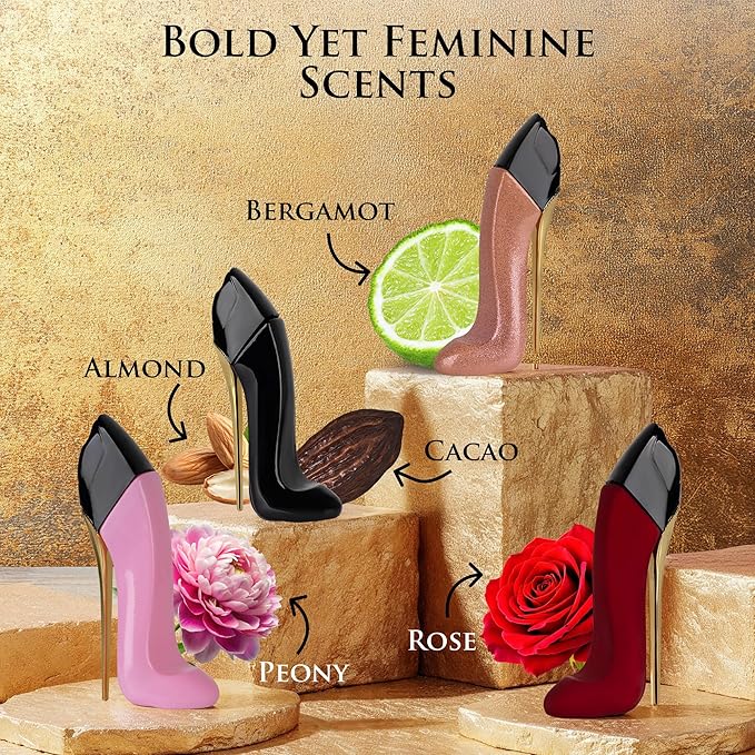 Nice Girl 4 PC Mini Perfume Gift Set for Women, Sweet Vanilla Floral Fragrance, Tuberose, Rose, Amber, Cacao, Powdery Almond, Travel Size 30ml Eau De Parfum, Classic, Velvet, Glitter, & Blush