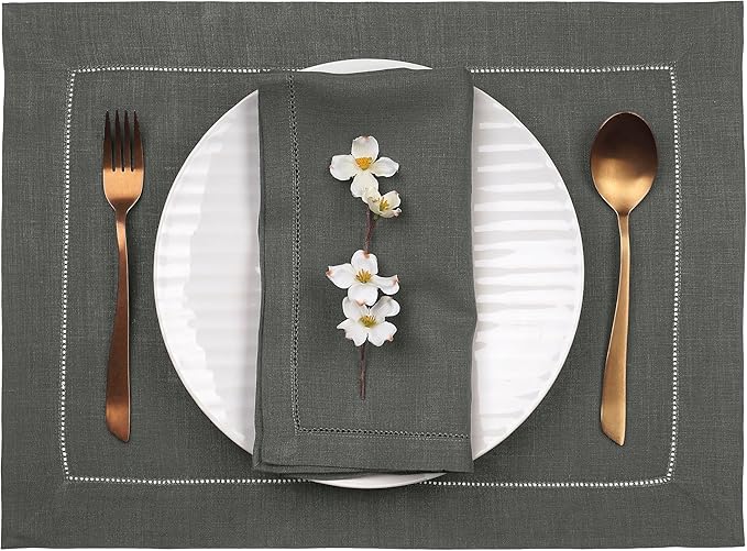 D'Moksha Homes Linen Placemats Set of 8 - Classic Hemstitch Charcoal Grey Placemats 14 x 19 Inch - 100% Pure Linen Table Mats for Christmas, Holiday - Handcrafted and Machine Washable