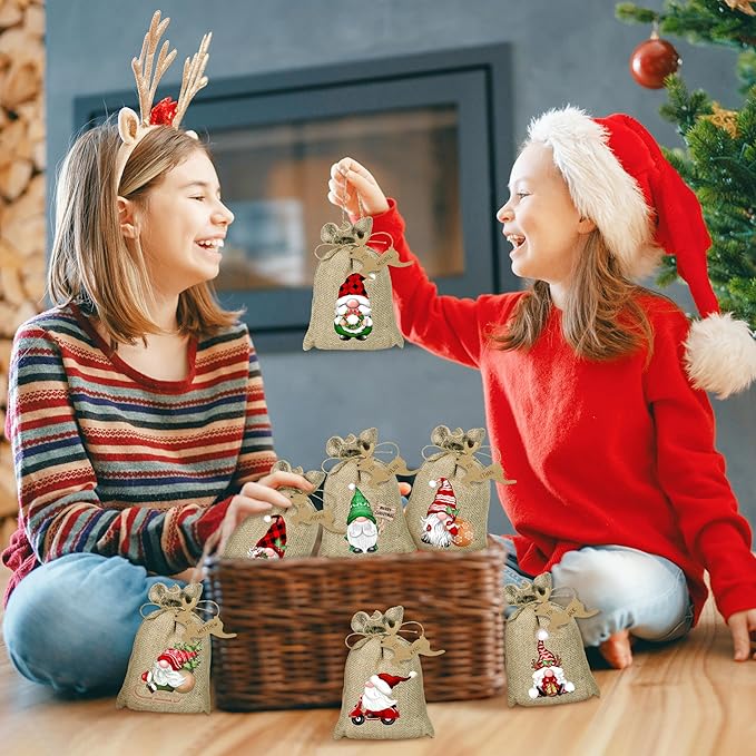 BORAMDO Christmas Burlap Gift Wrapping Bags with Drawstrings 24Pcs, Christmas Gnomes Linen Treat Candy Bags for Holiday Party Favor Supplies
