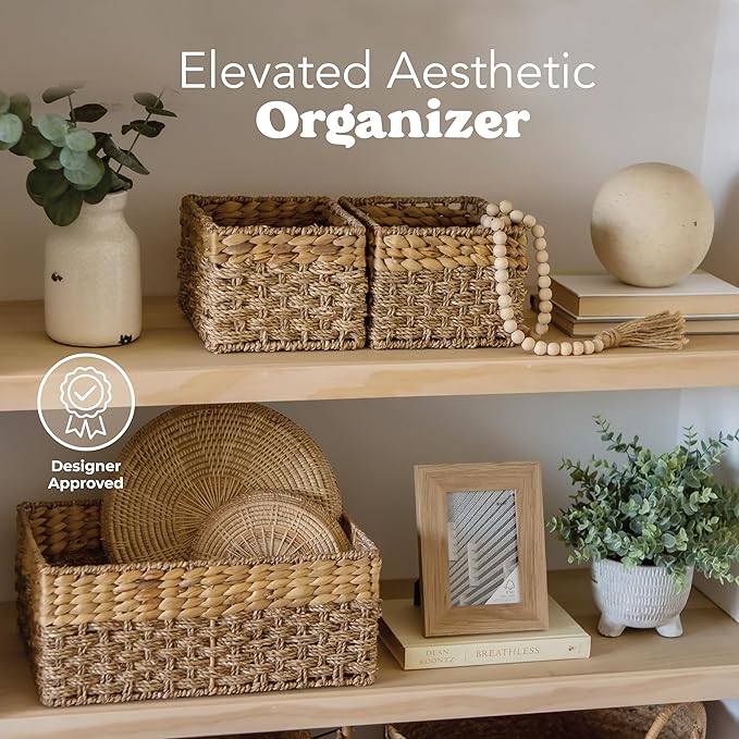Small Wicker Baskets for Storage 2-Pack, Natural, Woven Baskets for Organizing Living Room, Pantry Baskets, Shelves, Wicker Basket Decorative - Small Size - 8x7x5.5 inches