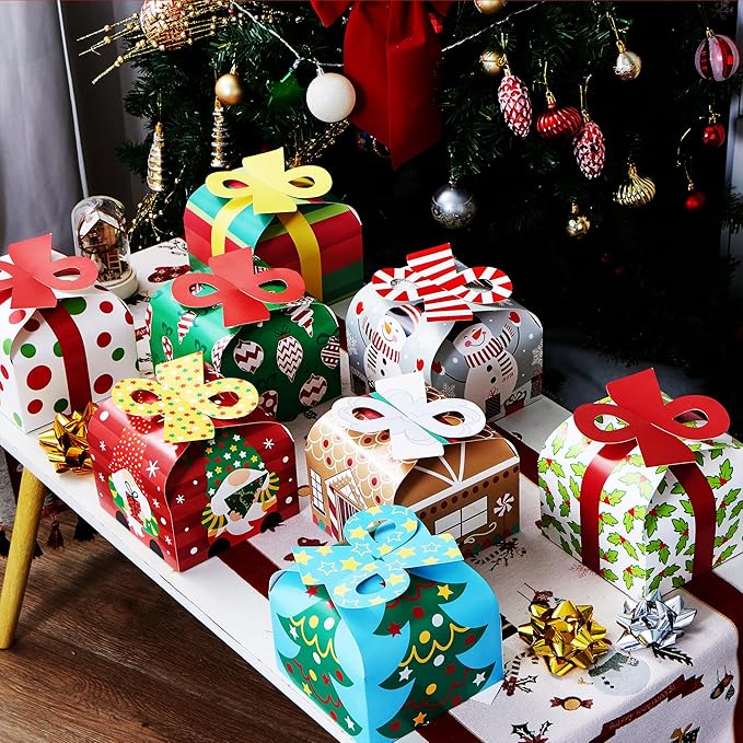 JOYIN 24 PCS 3D Christmas Goody Gift Boxes with Bow for Holiday Xmas Goodie Paper Boxes, School Classroom Party Favor Supply, 6” x 6” x 5.5” 8 Designs Candy Treat Cardboard Cookie Box for Gift Giving