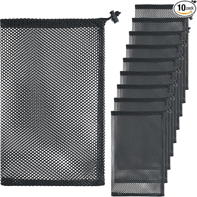 10 Pcs Mesh Drawstring Bag 9" x 12" with Cord Lock Closure, Nylon Durable Heavy Duty Mesh Bag for Laundry Beach Toys Swimming Gym Travel Mushroom Foraging (Black)