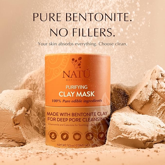 NATÚ BOTANICALS Purifying Bentonite Clay Mask – Clarifying Clay Mask for Face – Soothing & Softening Hydrating Face Mask for Oily and Combination Skin – Helps Tighten, Clarify & Refine Skin 3.5oz
