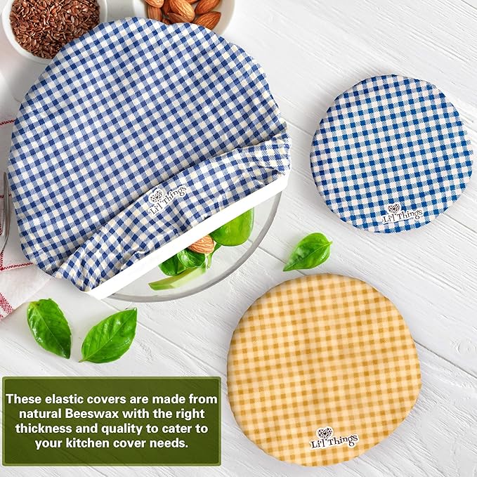 Li’l Things Beeswax Bowl Covers – Reusable Wraps Set of 5 | Organic Cotton, Beeswax & Jojoba | Eco-Friendly, Washable Lids for Bread Proofing, Jars, Pet Food (XS–XL)- Checkered Plaid