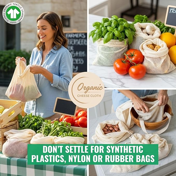 LITO LINEN AND TOWEL Organic Cotton Mesh Produce Bags – Small Reusable Grocery Bags (4 Pack) | Washable, Lightweight & Breathable Storage for Fruits, Vegetables, Bulk Foods & Zero Waste Living 7"x10"