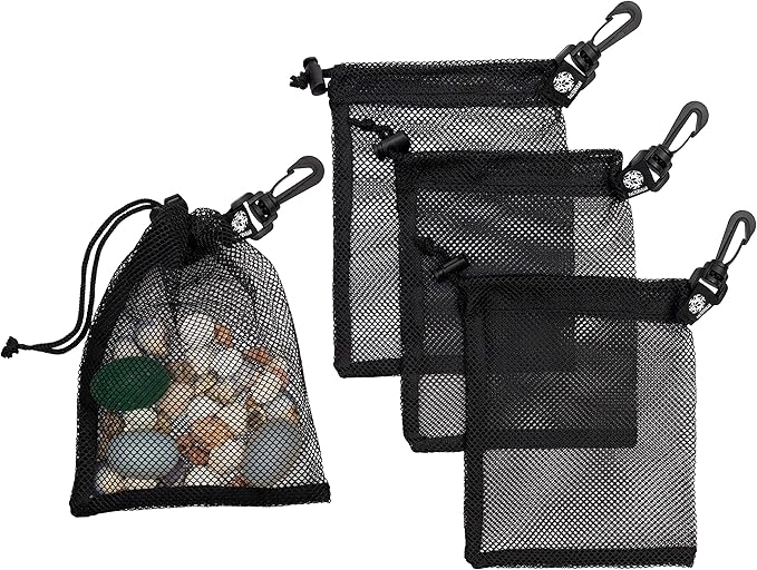 PALTERWEAR Mesh Drawstring Bag With Clip and Toggle Closure - For Watersports, Outdoor, Gym - Multi-Use Set of 4 (Black, 6 x 8 inch)
