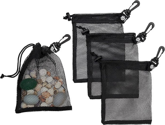 PALTERWEAR Mesh Drawstring Bag With Clip and Toggle Closure - For Watersports, Outdoor, Gym - Multi-Use Set of 4 (Black, 6 x 8 inch)