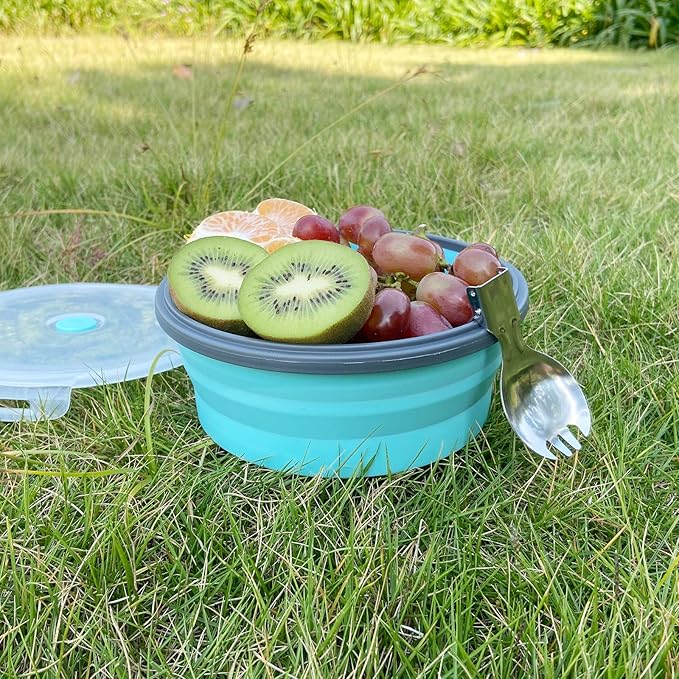CCyanzi 1200ml Collapsible Camping Bowl Silicone Food Storage Container with Lid and Foldable Stainless Steel Fork Spoon, for Picnic, Travel, Camping, RV, Fridge and Microwave Bowls