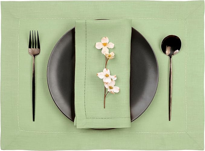 D'Moksha Homes Sage Green Linen Cloth Placemats Set of 4-100% Pure Linen Hemstitch Placemats 14 x 19 Inch - Classic Hemstitch Table Place Mats for Christmas - Handcrafted and Machine Washable