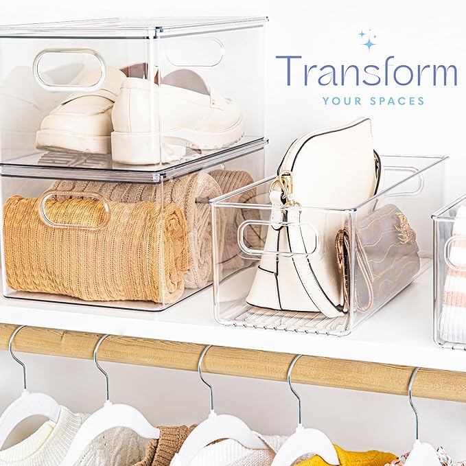 primebox Plastic Food Storage 4 Pack Clear Container Bin with Handles for Organizing Kitchen, Pantry, Fridge, Freezer, Pantry, Bathroom. 14"x6"5"
