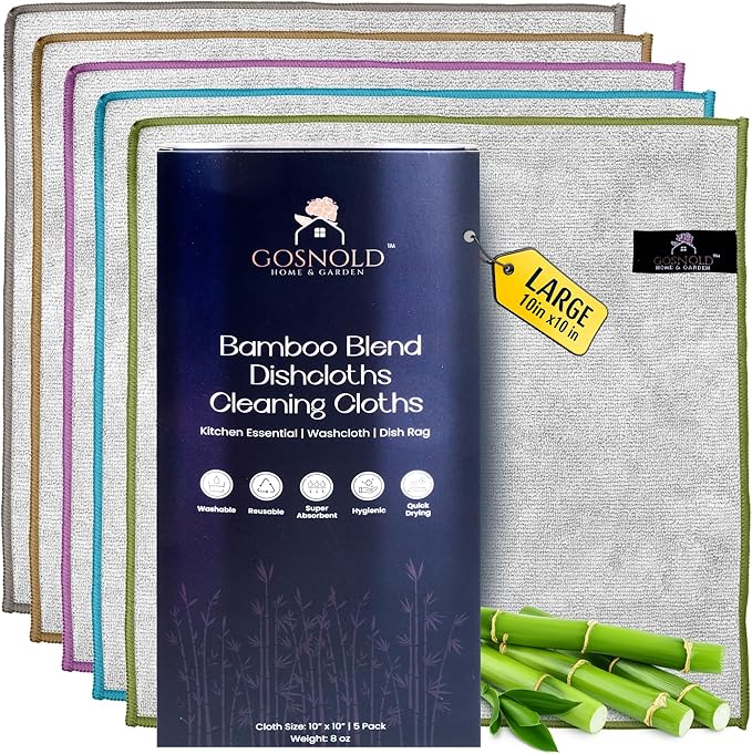 Bamboo Blend Dish Cloths & Cleaning Towels for Kitchen & Home – Absorbent, Quick-Dry, Non-Scratch Washcloths, 10x10 Inches, 5 Pack, Reusable, Hygienic, Multi-Color