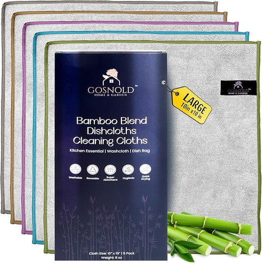 Bamboo Blend Dish Cloths & Cleaning Towels for Kitchen & Home – Absorbent, Quick-Dry, Non-Scratch Washcloths, 10x10 Inches, 5 Pack, Reusable, Hygienic, Multi-Color