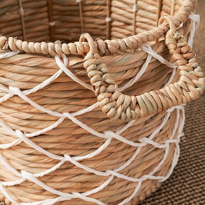 Round Water Hyacinth Woven Basket with Handles - 18" x 18" x 12.2" - Natural Brown - for Clothes, Towels, Canvas, Toys and Magazine Storage and Home Decoration
