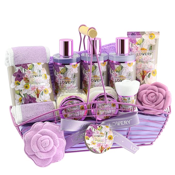 Christmas Gift Sets For Women, Gift Basket for Women & Men, Bath and Body Gift Basket, 13pc Vanilla Lavender Home Spa Set, Body Lotion, Bath Bomb, Shower Gloves Gift for Mom Thank You Birthday Gifts
