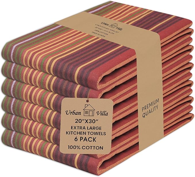 Urban Villa Kitchen Towels Harvest Stripes Print Dish Towels Set of 6 20"X30” 100% Cotton Highly Absorbent Quick Drying Dish Cloths & Dish Towels Thanksgiving Fall Tea Towels with hanging loop Towels