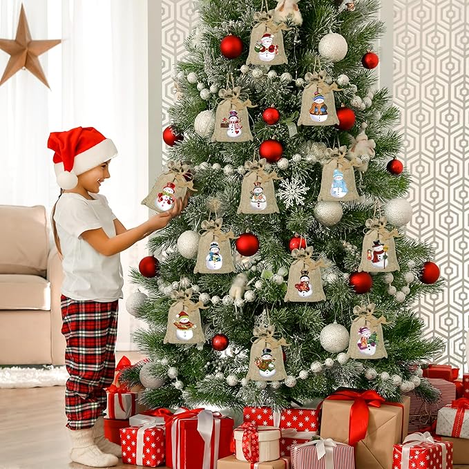 BORAMDO Christmas Burlap Gift Bags with Drawstrings - 24 Pcs, Watercolor 12 Designs Snowman Linen Wrapping Bags, Small Treat Candy Bags for Holiday Party Favors
