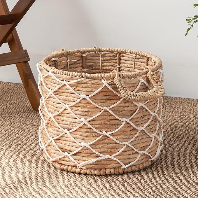 Round Water Hyacinth Woven Basket with Handles - 18" x 18" x 12.2" - Natural Brown - for Clothes, Towels, Canvas, Toys and Magazine Storage and Home Decoration