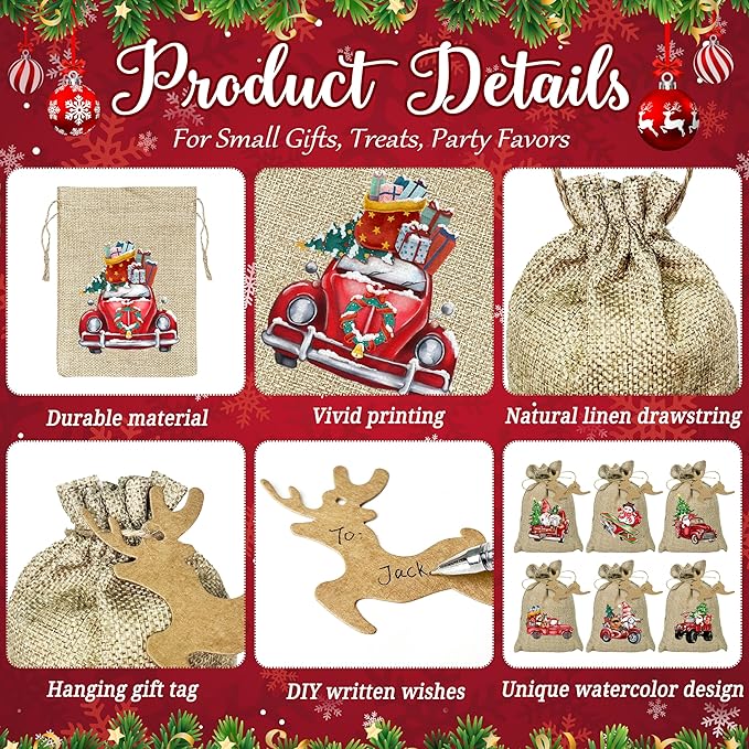 BORAMDO Christmas Burlap Gift Wrapping Bags with Drawstrings 24Pcs, Christmas Red Truck Linen Treat Candy Bags for Holiday Party Favor Supplies
