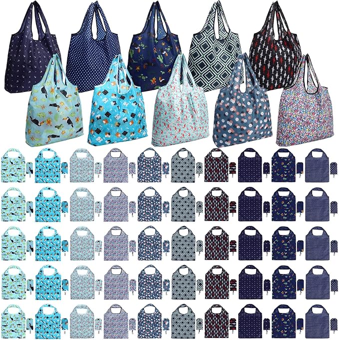 Tanlade 50 Pcs Reusable Grocery Bags Large Foldable Polyester Tote Bag Heavy Duty Washable Shopping Bags with Pouch Attached