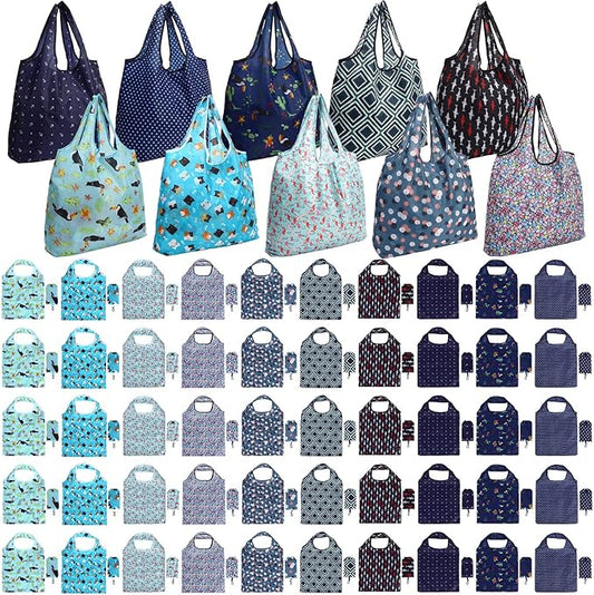 Tanlade 50 Pcs Reusable Grocery Bags Large Foldable Polyester Tote Bag Heavy Duty Washable Shopping Bags with Pouch Attached