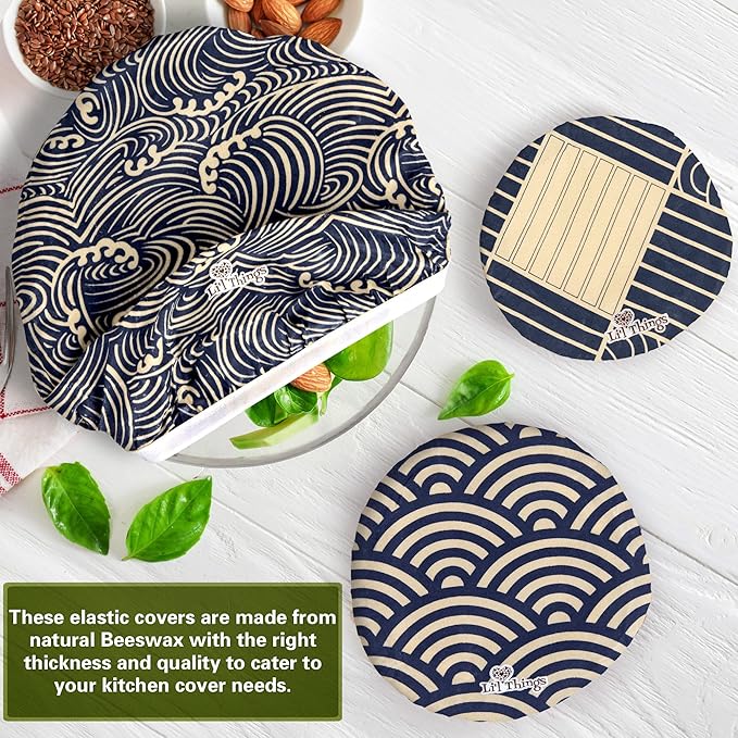 Li’l Things Beeswax Bowl Covers – Reusable Wraps Set of 5 | Organic Cotton, Beeswax & Jojoba | Eco-Friendly, Washable Lids for Bread Proofing, Jars, Pet Food (XS–XL) - Japanese Waves