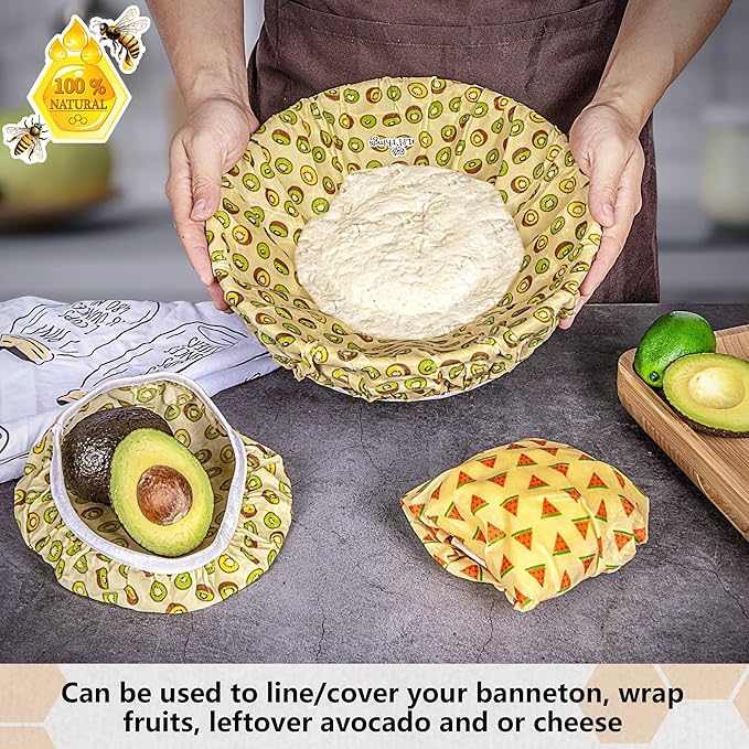 Li’l Things Beeswax Bowl Covers – Reusable Wraps Set of 5 | Organic Cotton, Beeswax & Jojoba | Eco-Friendly, Washable Lids for Bread Proofing, Jars, Pet Food (XS–XL) -Fruity Fruit