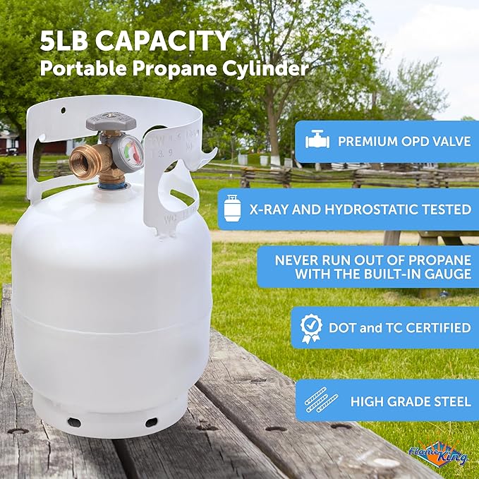 Flame King YSN5LB-GAUGE 5lb Steel Propane Tank Cylinder with Gauge and OPD Valves for Grills and BBQs, Camping, Fishing, & Outdoor Activities, White