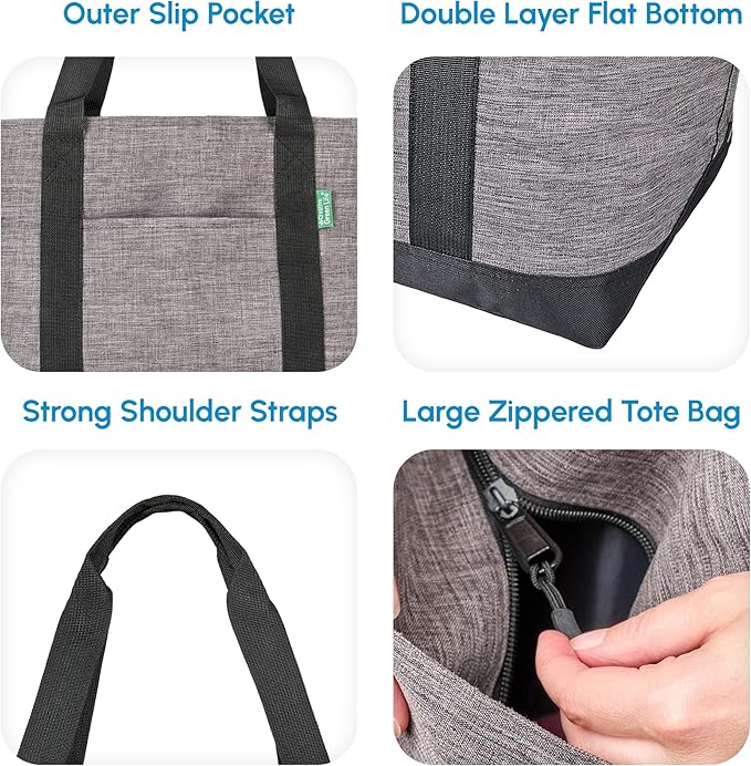 Creative Green Life Extra Large Tote Bag for Women or Men with Zipper – Everyday Tote-Bag for Work, School, gym, Shopping, Teachers, Nurses – Canvas Style Travel Bag, Weekender Overnight Bag (Gray)