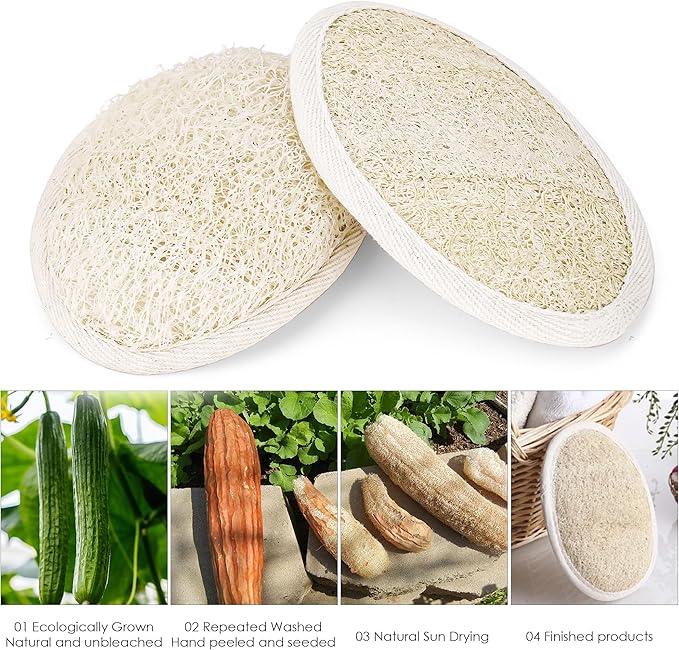 Natural Loofah Sponge Exfoliating Body Scrubber, Organic Biodegradable Eco-Friendly Bath Luffa for Shower, Gentle Deep Clean for All Skin Types, Men & Women, Thin/Thick Textures, Easy-Dry Hanging Rope