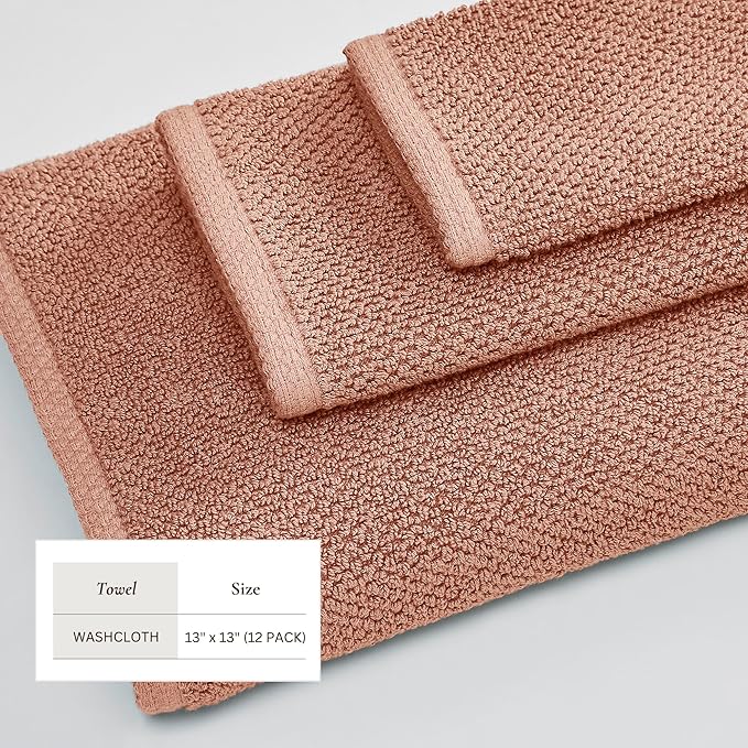 Great Bay Home Pink Washcloth- 100% Cotton 12-Pack 13x13 Wash Cloth - Absorbent, Quick-Drying, Durable Face Towels for Bathroom Decor - Low-Twist, Two-Ply Fibers (Dusty Rose)