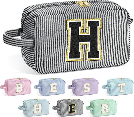 YOOLIFE Initial Makeup Bag - Personalized Monogram Cute Makeup Bag Cosmetic Travel Toiletry Pouch Make Up Case for Women Mom Best Friend Bridesmaid Sister Teacher, Birthday Gifts for Women Her H