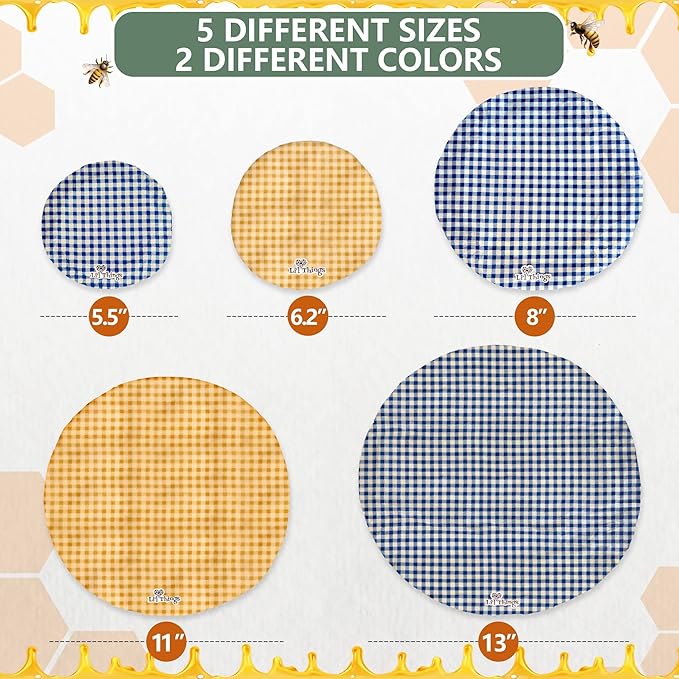 Li’l Things Beeswax Bowl Covers – Reusable Wraps Set of 5 | Organic Cotton, Beeswax & Jojoba | Eco-Friendly, Washable Lids for Bread Proofing, Jars, Pet Food (XS–XL)- Checkered Plaid