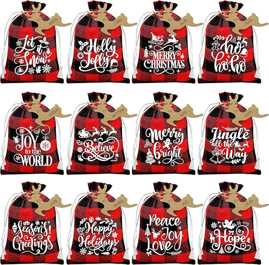 BORAMDO Christmas Burlap Gift Bags with Drawstrings 24Pcs, Buffalo Plaid Watercolor 12 Designs Christmas Letter Linen Wrapping Bags, Small Christmas Treat Candy Bags for Holiday Party Favor Supplies (Xmas Letter)