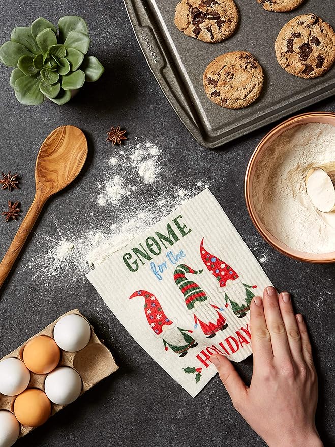DII Swedish Dishcloths for Kitchen & Cleaning, Reusable, Machine Washable & Dishwasher Safe, Biodegradable, 7.75 x 6.75, Gnome Holidays, 3 Piece