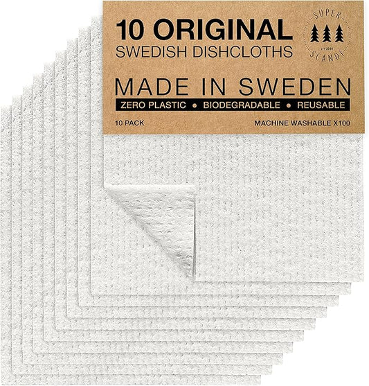 SUPERSCANDI 10 Pack Swedish Dishcloths for Kitchen - 100% Biodegradable & Compostable Reusable Paper Towels Washable, Food-Safe & Without Plastic - Dish Rags Suitable for Any Surface, White