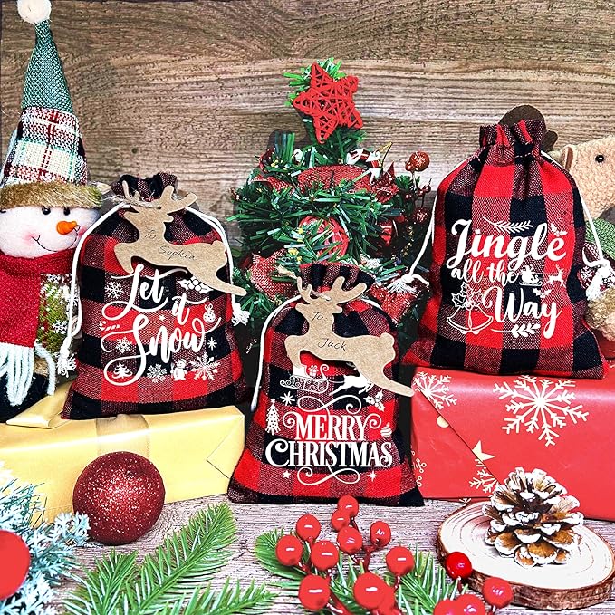 BORAMDO Christmas Burlap Gift Bags with Drawstrings 24Pcs, Buffalo Plaid Watercolor 12 Designs Christmas Letter Linen Wrapping Bags, Small Christmas Treat Candy Bags for Holiday Party Favor Supplies (Xmas Letter)