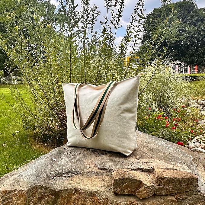 16OZ Cotton Canvas Zipper Closure Lined Grocery Shopping Beach Casual Multi Purpose Tote X-Large