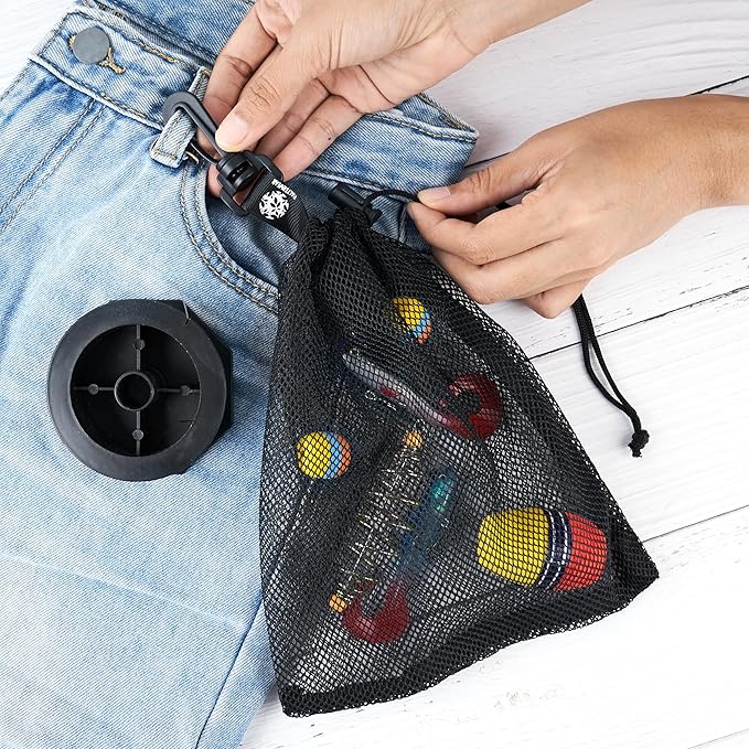 PALTERWEAR Mesh Drawstring Bag With Clip and Toggle Closure - For Watersports, Trekking, Sailing - Multi-Use Set of 4 (Black, 7 x 9 inch)
