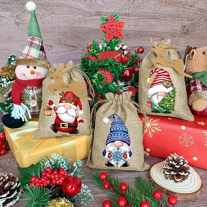 BORAMDO Christmas Burlap Gift Wrapping Bags with Drawstrings 24Pcs, Christmas Gnomes Linen Treat Candy Bags for Holiday Party Favor Supplies