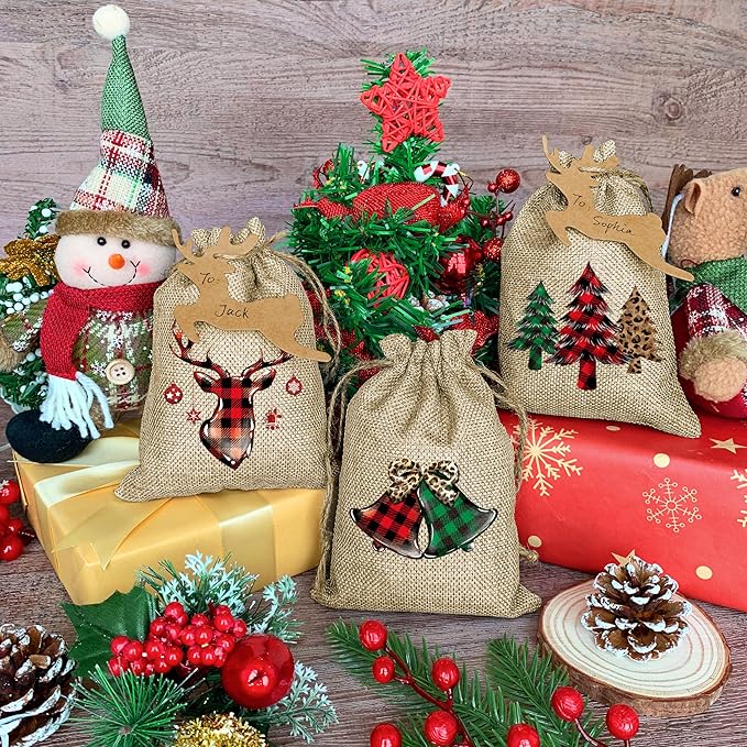 BORAMDO Christmas Burlap Gift Wrapping Bags with Drawstrings 24Pcs, Christmas Buffalo Plaid Linen Treat Candy Bags for Holiday Party Favor Supplies