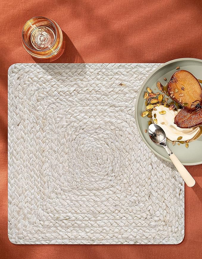 Hausattire Jute Braided Placemats 14x14 Inches Set of 4 Reversible Handwoven Boho Vintage Placemats for Kitchen Dining Tables|BBQ's Thanksgiving Decor Weddings Indoor & Outdoor Parties|Off-White