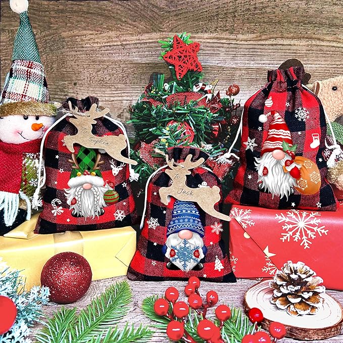BORAMDO Christmas Burlap Gift Bags with Drawstrings 24Pcs, Buffalo Plaid Watercolor 12 Designs Christmas Gnomes Linen Wrapping Bags, Small Christmas Treat Candy Bags for Holiday Party Favor Supplies