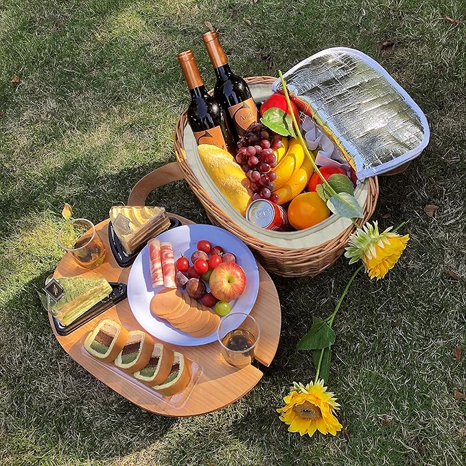 Hap Tim Wicker Picnic Basket Set for 2 with Mini Folding Wine Picnic Table & Large Insulated Cooler Bag & Cutlery Service Kits for 2 Person, Couples Gifts, Wedding Gifts (Y2209-2-CM)
