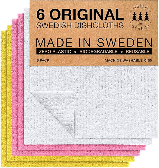 SUPERSCANDI 6 Pack Swedish Dishcloths for Kitchen - 100% Biodegradable & Compostable Reusable Paper Towels Washable, Food-Safe & Without Plastic - Dish Rags for Any Surface, Pink, Yellow, White